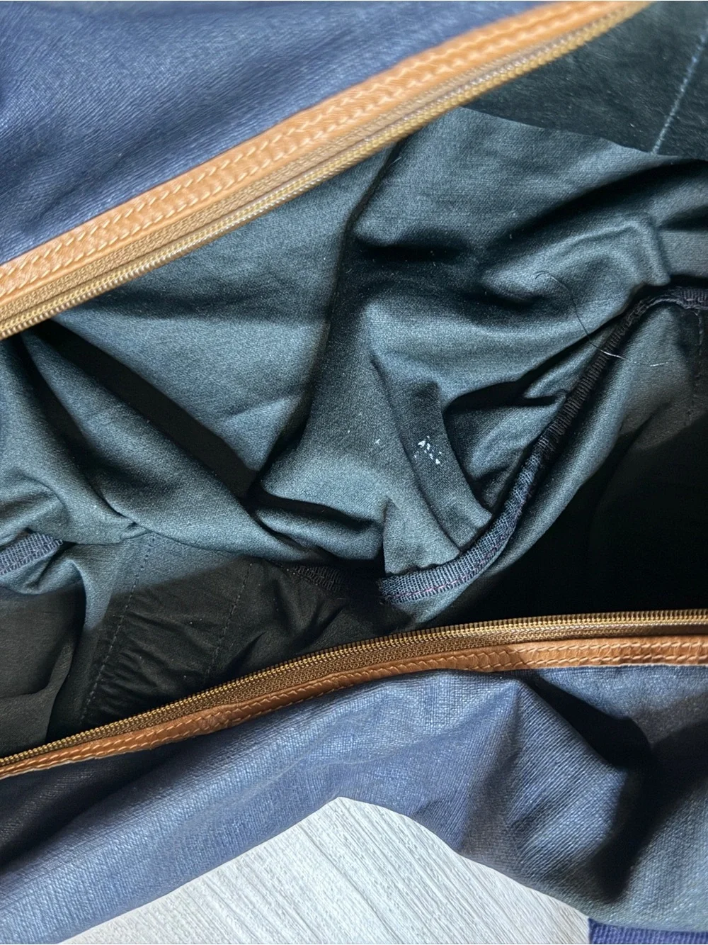 Gucci Navy Duffel Bag with Tan Leather Trim and Red-Green Stripe Webbing